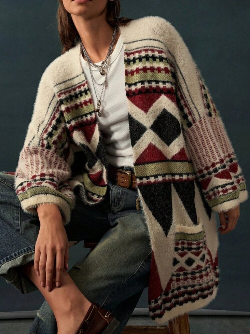 Ivory Fair Isle Western Southern Fuzzy Knit Longline Cardigan with Pockets